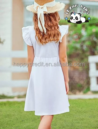 LEZONKIDS - 2024 Hot Sale Flutter Sleeve A-Line Button Down Sundress Casual Midi Dresses for 4-12 Years Girls